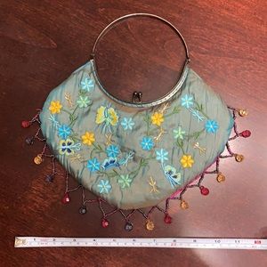Iridescent blue green embroidered fabric beaded purse. Preowned. Or clutch bag.